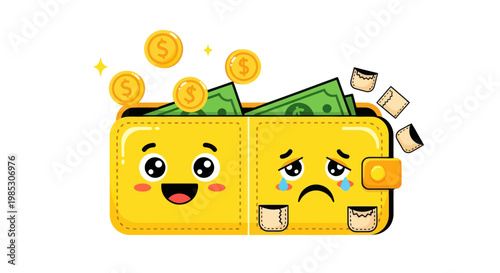 Happy Wallet and Sad Wallet with Money and Coins - Financial Emotions