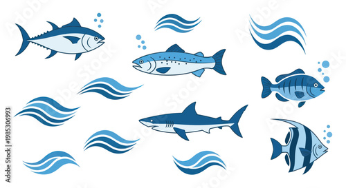 Oceanic Wildlife Collection: Tuna, Salmon, Shark, Bass, Angelfish, Waves