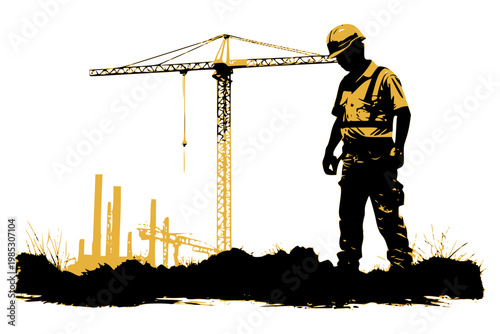 International Labour day ,Construction worker with crane silhouette and yellow industrial skyline background, urban development and engineering concept illustration