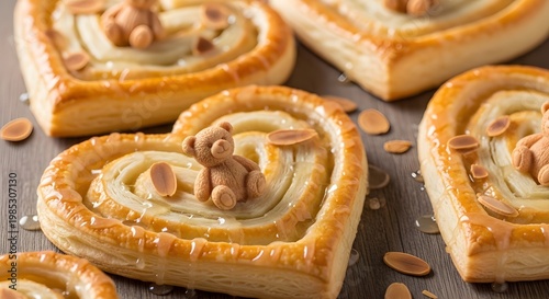 Heart-Shaped Puff Pastry with Almond Glaze and Teddy Bear Toppers – Rustic Gourmet Dessert