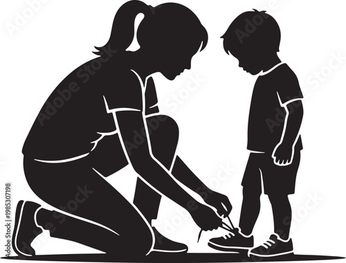 vector of a mother kneeling down to tie the shoelaces of a young child, love and caring