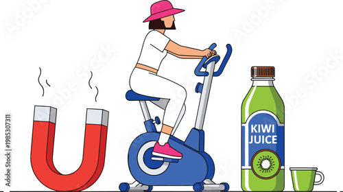 Woman exercising on stationary bike near magnet and kiwi juice bottle, healthy lifestyle and fitness concept with creative elements vector illustration