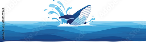 Whale jumping out of ocean waves, marine wildlife illustration with splashing water, blue sea landscape and aquatic animal concept in flat vector style