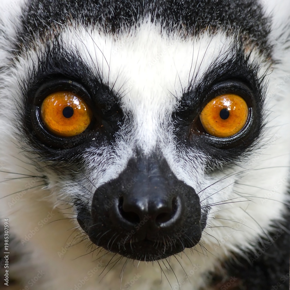 Fototapeta premium A close-up of a lemur's face with striking orange eyes (1)