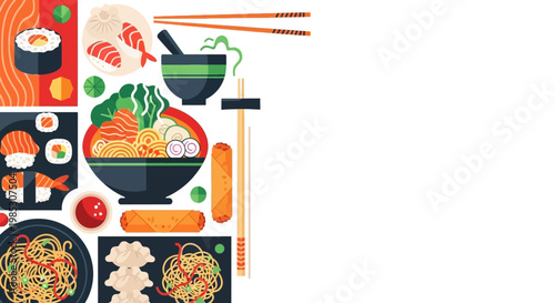 Asian Food Background Template with Copy Space, Vector Illustration of Ramen, Sushi, and Dim Sum.