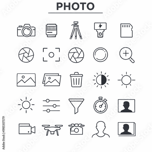 A comprehensive collection of twenty-five minimalist photography and videography line icons displayed on a clean white background