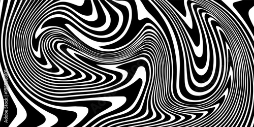 Abstract stripe wave with black and white line pattern. 3d optical op art background in trendy Y2k psychedelic style. Vector illustration