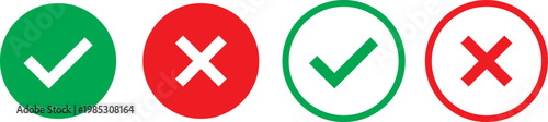 Check mark icon set. Check box icon with right and wrong buttons, yes or no checkmark icons. green tick box and red cross symbol.  Check box icon with right and wrong buttons