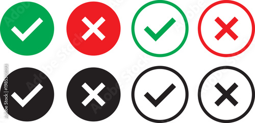 Check mark icon set. Check box icon with right and wrong buttons, yes or no checkmark icons. green tick box and red cross symbol.  Check box icon with right and wrong buttons
