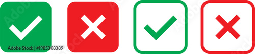 Check mark icon set. Check box icon with right and wrong buttons, yes or no checkmark icons. green tick box and red cross symbol.  Check box icon with right and wrong buttons