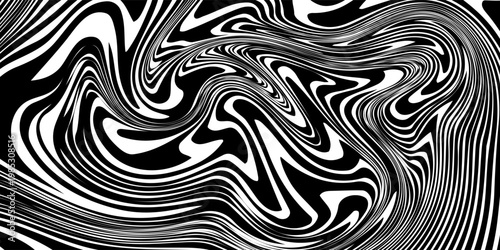 Abstract stripe wave with black and white line pattern. 3d optical op art background in trendy Y2k psychedelic style. Vector illustration
