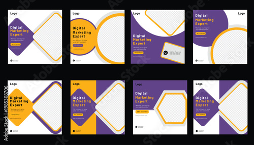 collection of modern digital marketing presentation templates with purple and yellow design