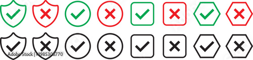 Check mark icon set. Check box icon with right and wrong buttons, yes or no checkmark icons. green tick box and red cross symbol.  Check box icon with right and wrong buttons