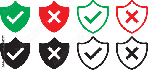 Check mark icon set. Check box icon with right and wrong buttons, yes or no checkmark icons. green tick box and red cross symbol.  Check box icon with right and wrong buttons