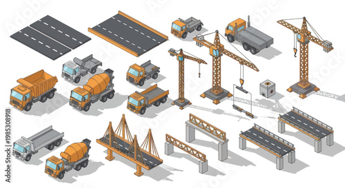 Isometric Construction Elements: Trucks, Cranes, Bridges, Roads, and Buildings