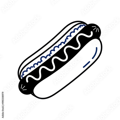 Simple Hand Drawn Hot Dog with Mustard and Blue Relish
