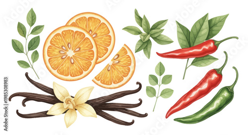 Spices and Fruits: Vanilla, Chili Peppers, Orange Slices, and Leaves