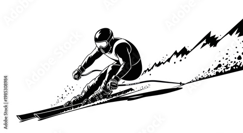 Skier racing downhill with snow spray, black and white illustration, dynamic action shot