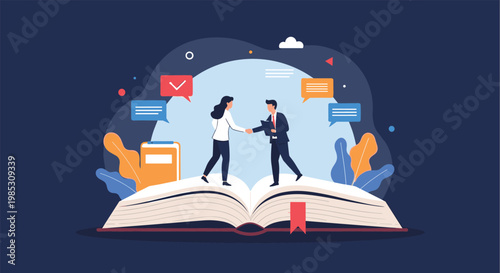 Professional man and woman shaking hands while standing on a large open book for business education and agreement.