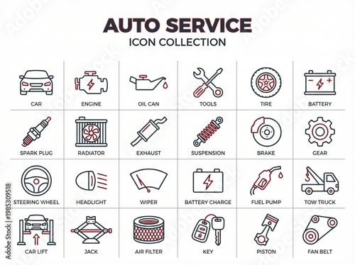 A professional collection of twenty-four auto service and car repair line icons featuring mechanical parts, maintenance tools, and vehicle diagnostic symbols in a clean red and black style
