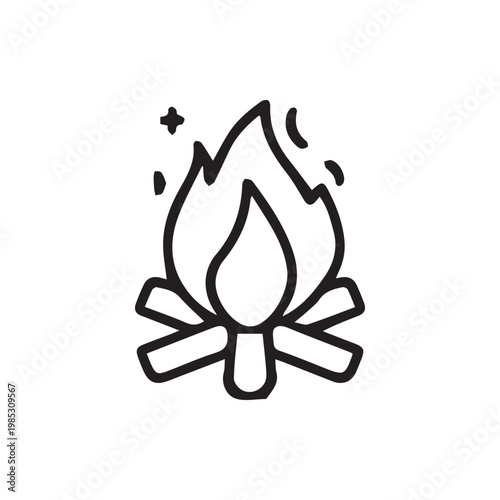 Classic hand drawn campfire outline creating warmth and light for cozy outdoor nights