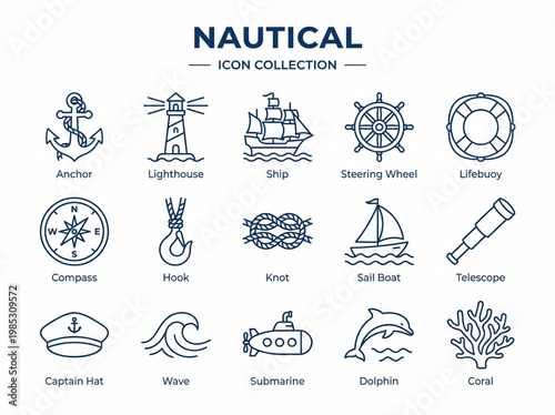 A professional collection of fifteen nautical and maritime line icons featuring ocean exploration equipment, sailing vessels, and marine life symbols on a white background