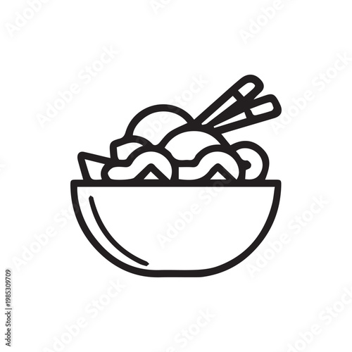 Stylized outline icon of an asian noodle bowl with chopsticks ready to enjoy a delicious meal