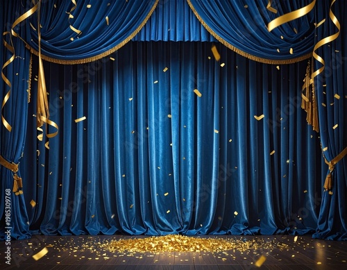 Blue Velvet Curtain With Gold Confetti and Ribbons Falling Festive Stage Celebration Background