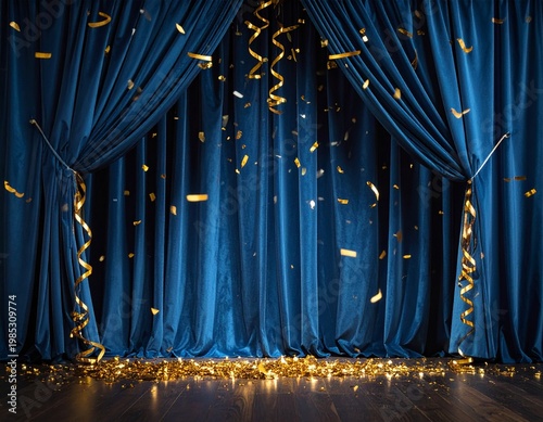 Blue Velvet Curtain With Gold Confetti and Ribbons Falling Festive Stage Celebration Background