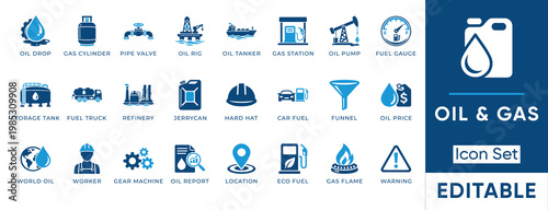 Oil and gas icon set. Containing refinery, fuel, petroleum, gas station, oil rig, tanker, energy, industry and more. Solid vector icons collection.