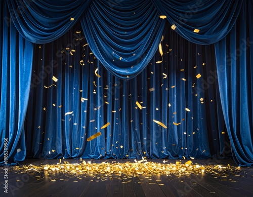 Blue Velvet Curtain With Gold Confetti and Ribbons Falling Festive Stage Celebration Background
