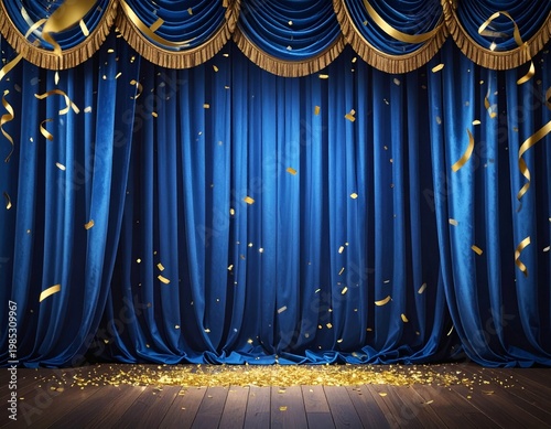Blue Velvet Curtain With Gold Confetti and Ribbons Falling Festive Stage Celebration Background