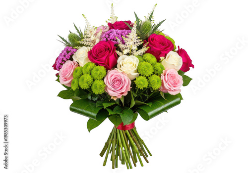 Vibrant mixed bouquet featuring pink and white roses green chrysanthemums and purple accents tied with ribbon isolated on transparent background