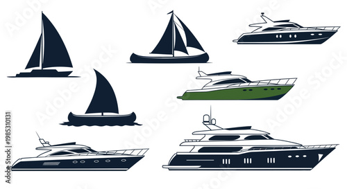 Collection of Sailboats and Luxury Yachts, Vector Set