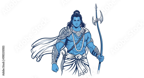 Blue Hindu Deity Lord Shiva Warrior with Trident, Majestic and Powerful