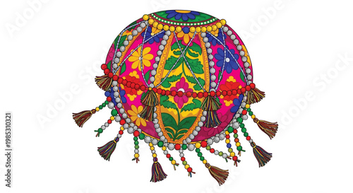 Vibrant colorful spherical decorative object with tassel embellishments and intricate floral patterns on white background