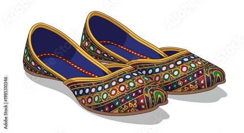 Vibrant embroidered traditional indian khussa shoes with colorful patterns and designs on white background