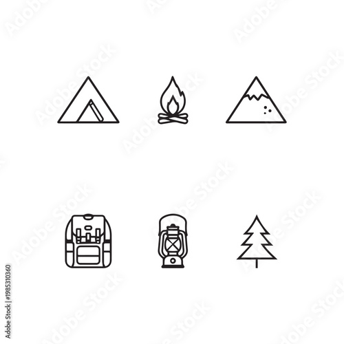Outdoor adventure essentials icons for camping hiking and nature exploration