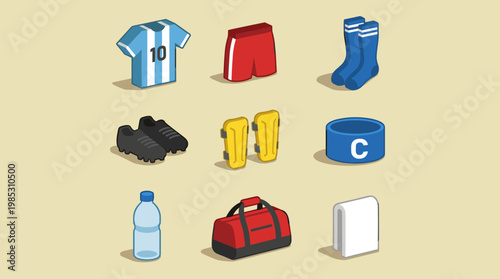 3D isometric layout of essential soccer equipment items