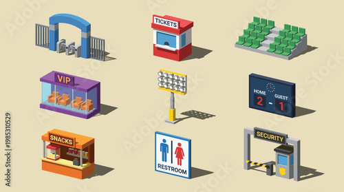 3D isometric set of stadium elements, including gates, stands, and vendor booths