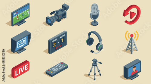 3D isometric football broadcast icons for sports coverage and media production