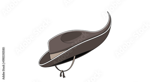 Brown cowboy hat with chin strap and white trim on white background