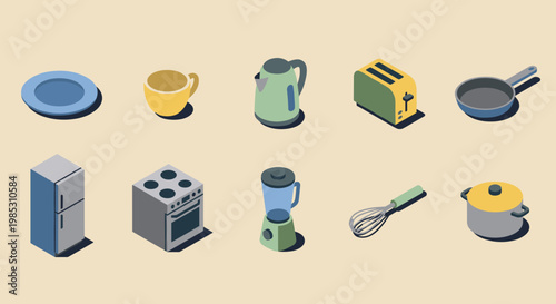 A set of 3D isometric kitchen appliances and utensils for cooking and preparing food