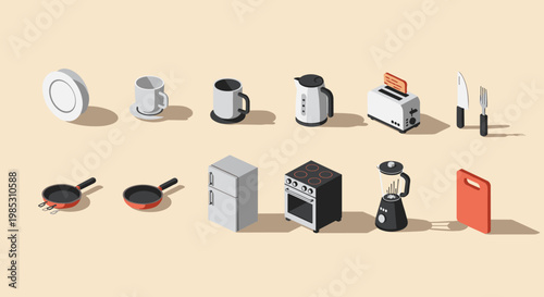 Collection of 3D isometric vectors of household appliances and kitchen utensils