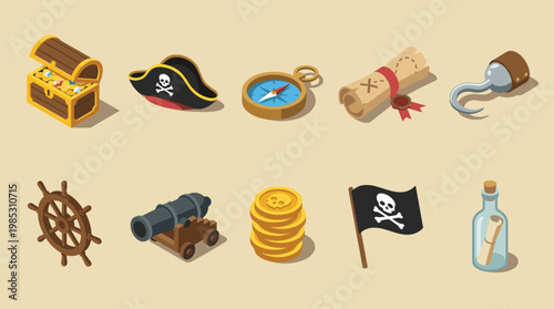 A vibrant set of isometric 3D pirate adventure elements for games and digital content