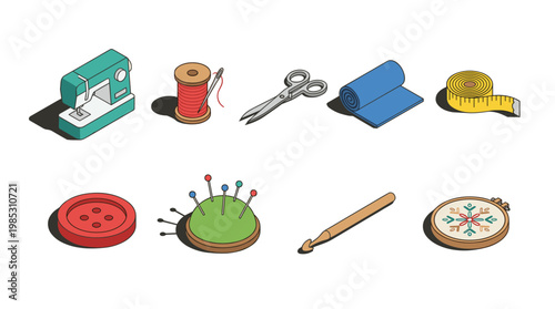 3D isometric set of sewing and crafting tools for creative hobbies and textile design
