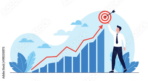 Ambitious businessman reaching up to hit a target at the peak of a blue growth bar chart with a red arrow showing success and achievement.