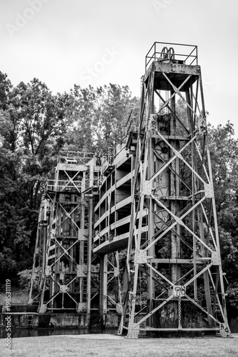 Counterweight of a lock and dam mechanical structure along the Erie Canal Trail outside of Rochester, NY