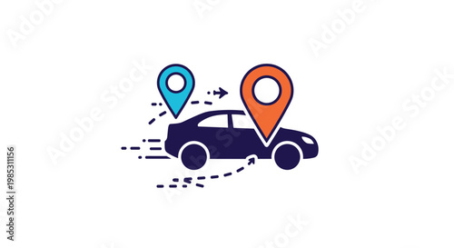 Car rental or ride sharing concept with vehicle icon moving between two location map pins on a white background.