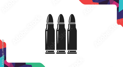 Group of three rifle ammunition cartridges presented as flat black icons for hunting or military equipment concepts.